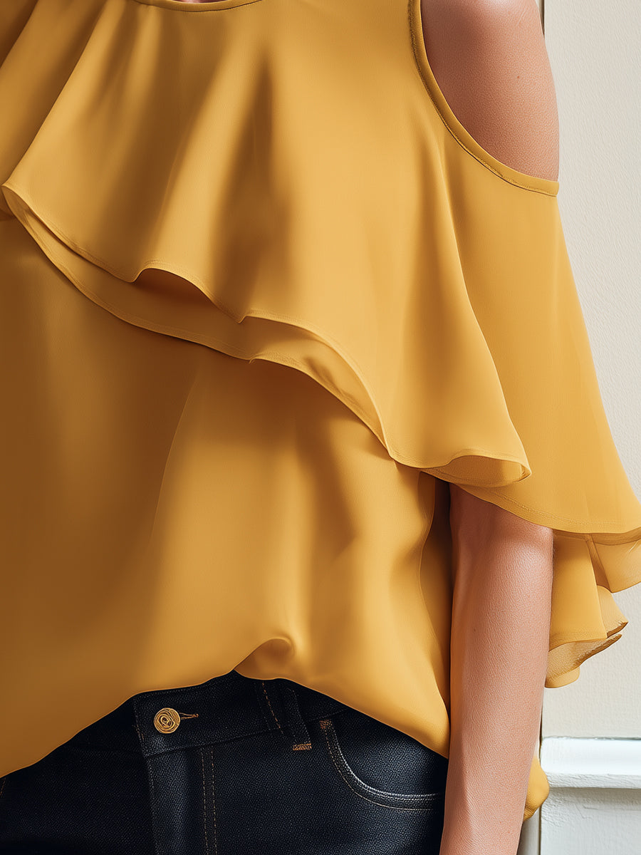 Elegant Shoulder Cutouts Blouse With Ruffle Trim