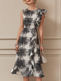 Elegant Abstract Plaid Print Ruffle-Trim Midi Dress