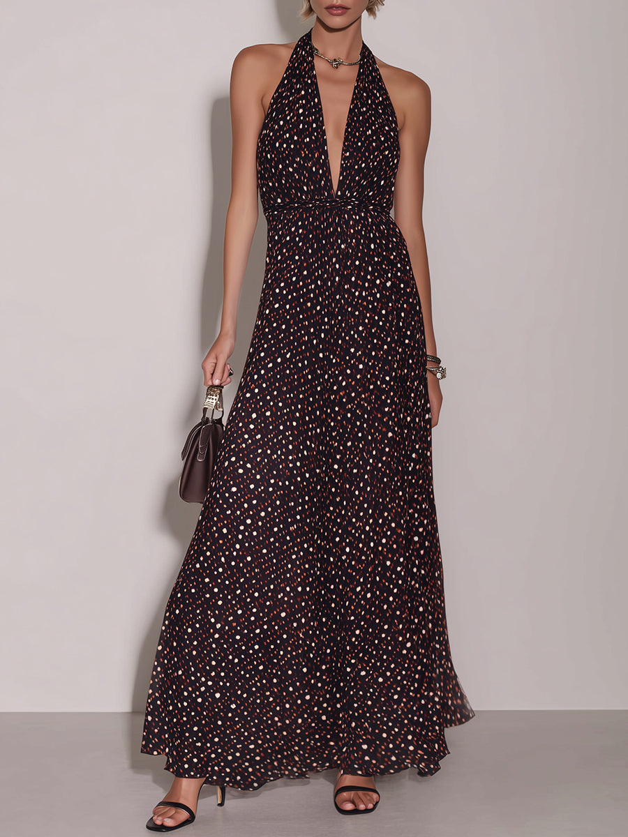 Stylish Halter-Neck Polka-Dot Maxi Dress