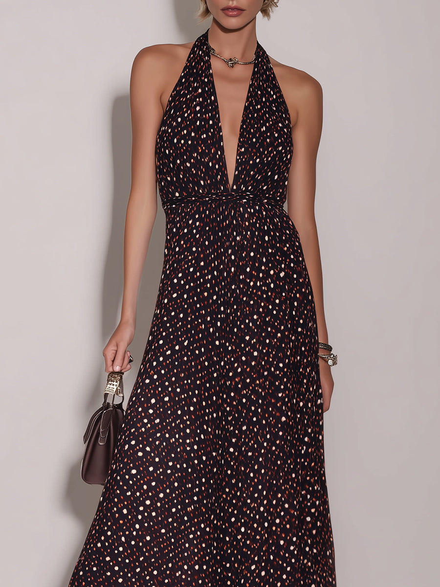 Stylish Halter-Neck Polka-Dot Maxi Dress