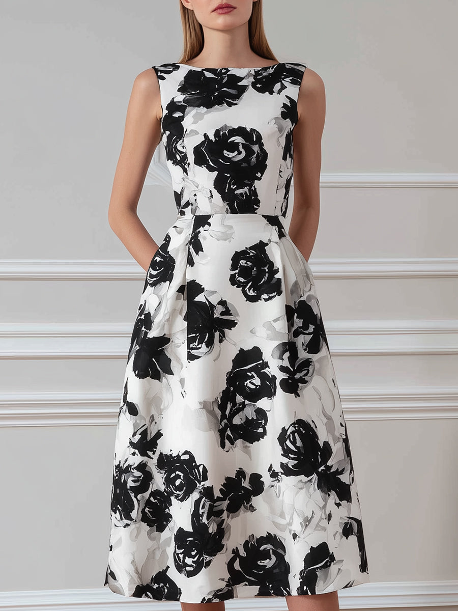 Sleeveless Round Neck Floral A-Line Midi Dress