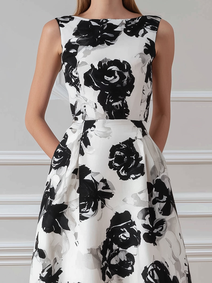 Sleeveless Round Neck Floral A-Line Midi Dress