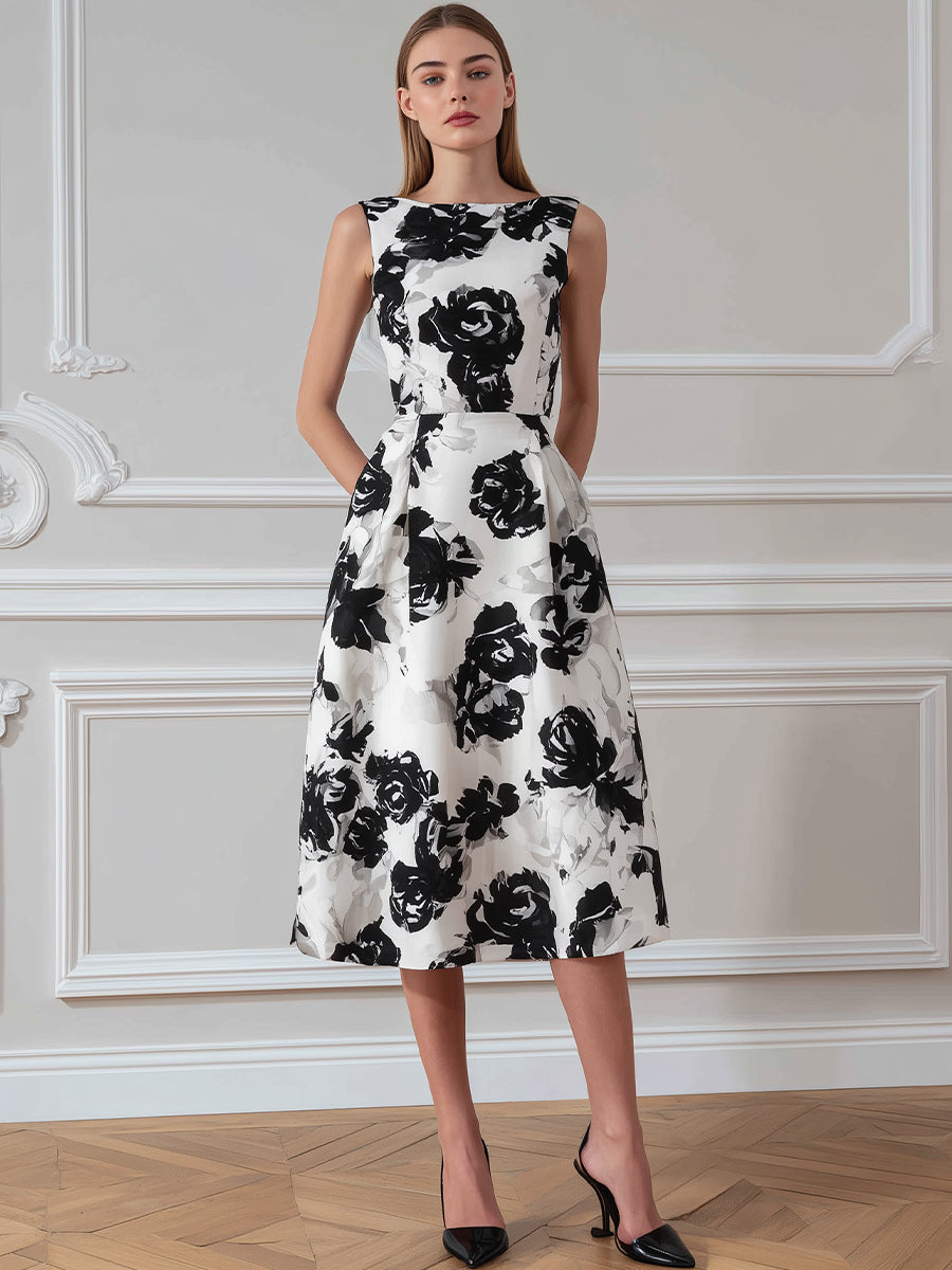 Sleeveless Round Neck Floral A-Line Midi Dress