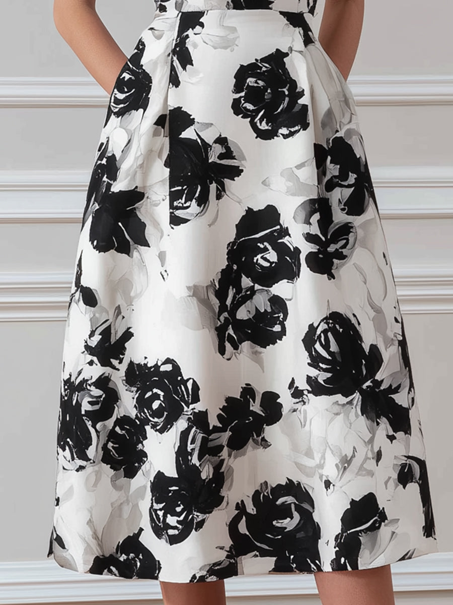 Sleeveless Round Neck Floral A-Line Midi Dress
