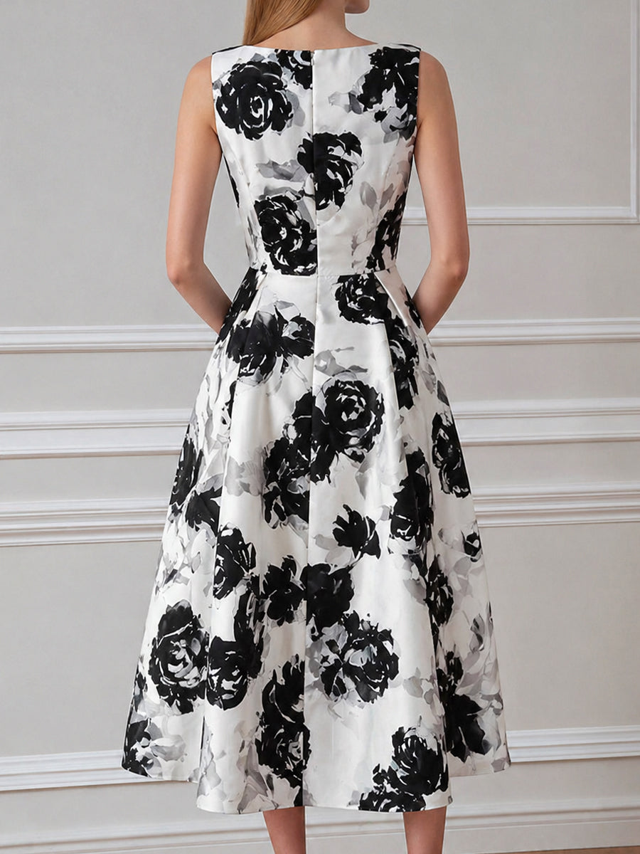Sleeveless Round Neck Floral A-Line Midi Dress