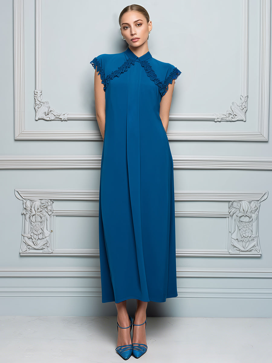 Sophisticated High-Neck Teal Midi Dress