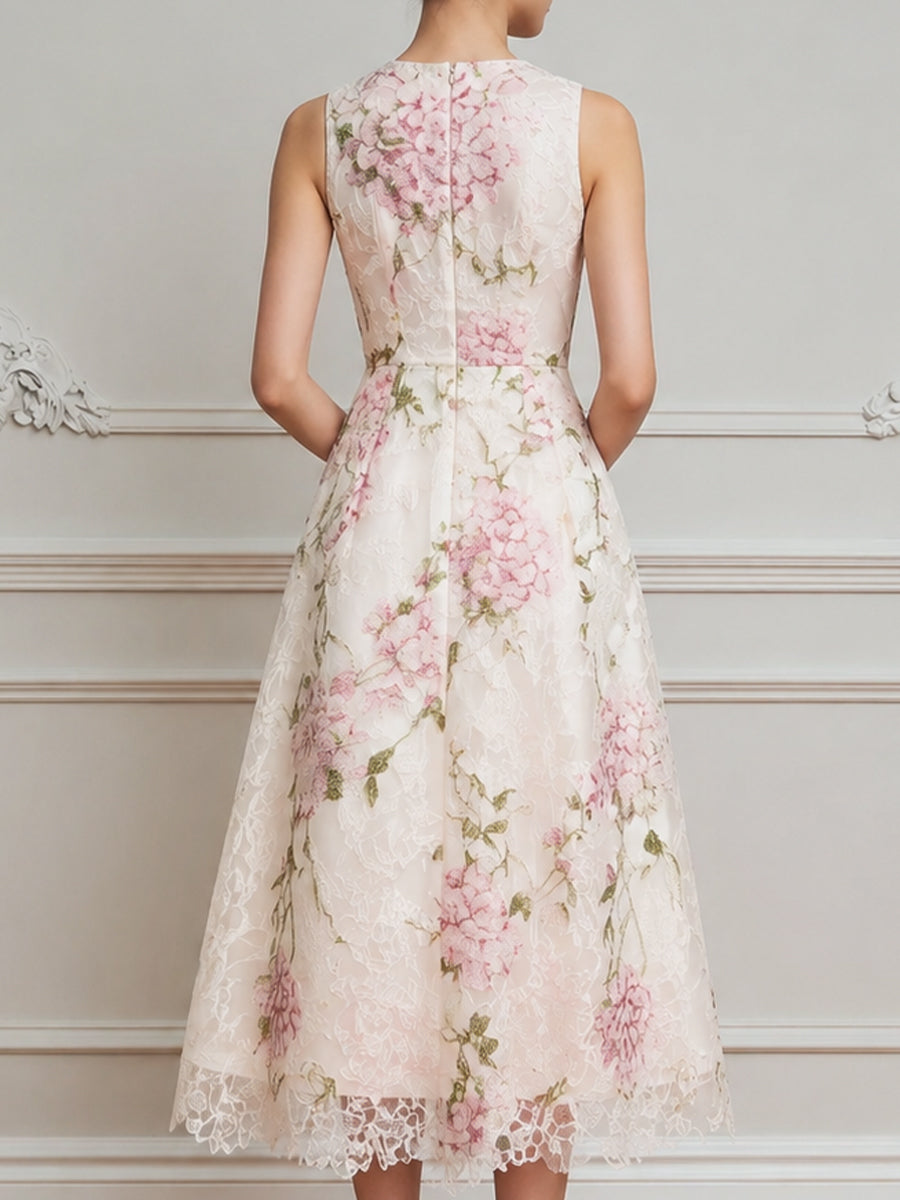 Floral Lace Sleeveless A-Line Midi Dress