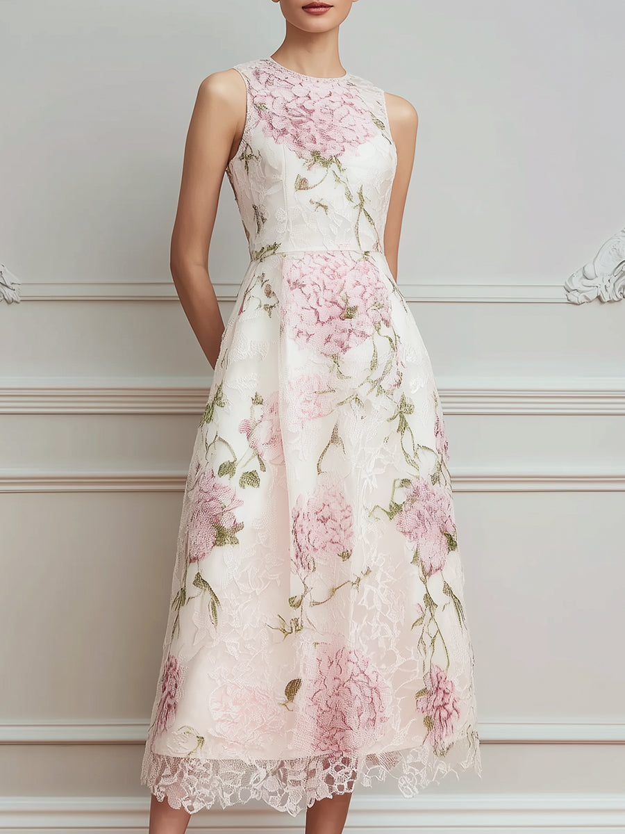 Floral Lace Sleeveless A-Line Midi Dress