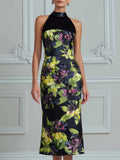 Halter Neck Contrast Floral Sheath Midi Dress