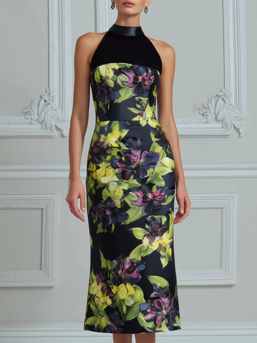 Halter Neck Contrast Floral Sheath Midi Dress