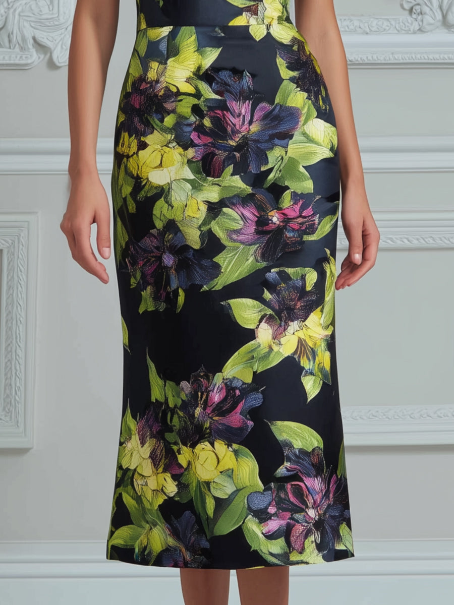 Halter Neck Contrast Floral Sheath Midi Dress