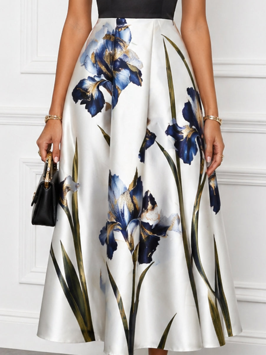 Halter Neck Contrast Bodice Floral A-Line Midi Dress