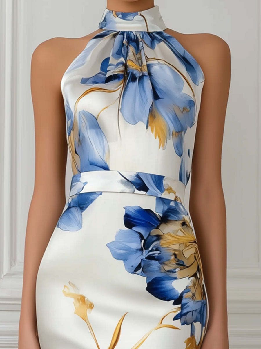 Floral Print Halter Neck Sheath Midi Dress