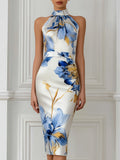 Floral Print Halter Neck Sheath Midi Dress