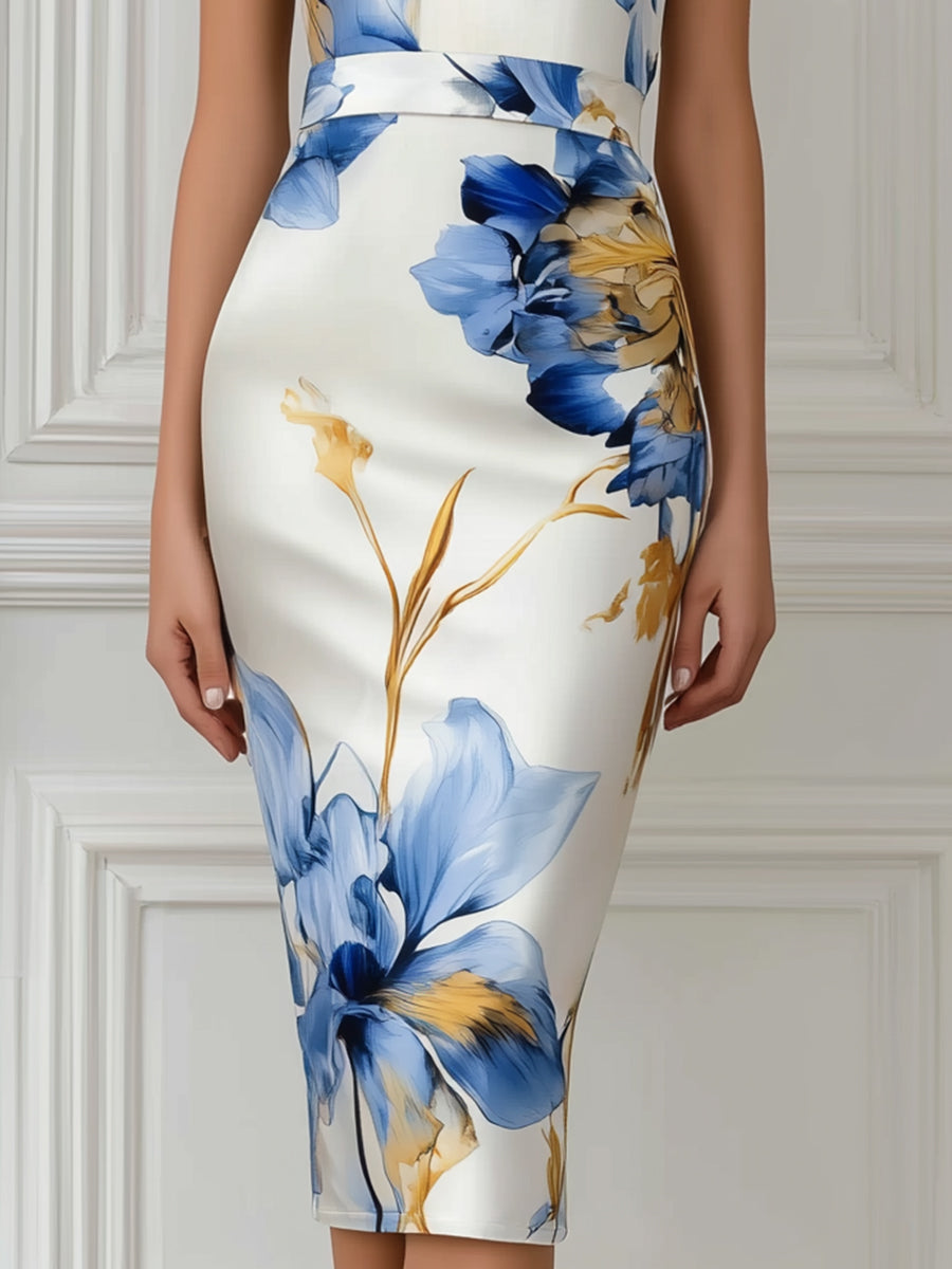 Floral Print Halter Neck Sheath Midi Dress