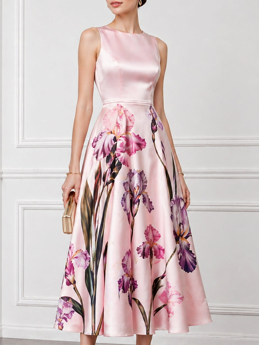 Sleeveless Round Neck Floral A-Line Midi Dress