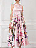 Sleeveless Round Neck Floral A-Line Midi Dress