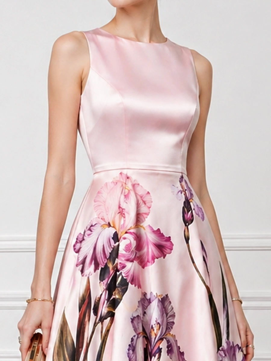 Sleeveless Round Neck Floral A-Line Midi Dress