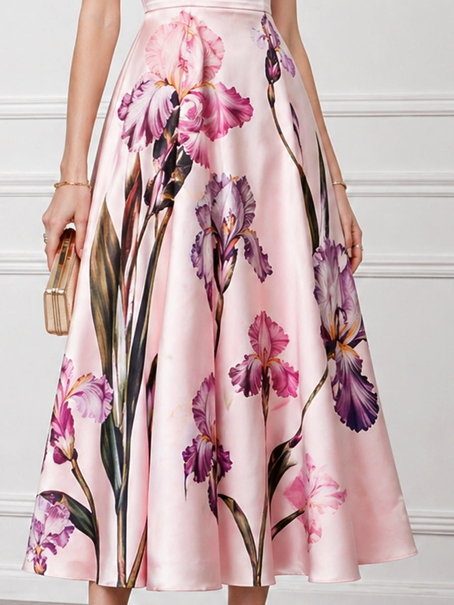 Sleeveless Round Neck Floral A-Line Midi Dress