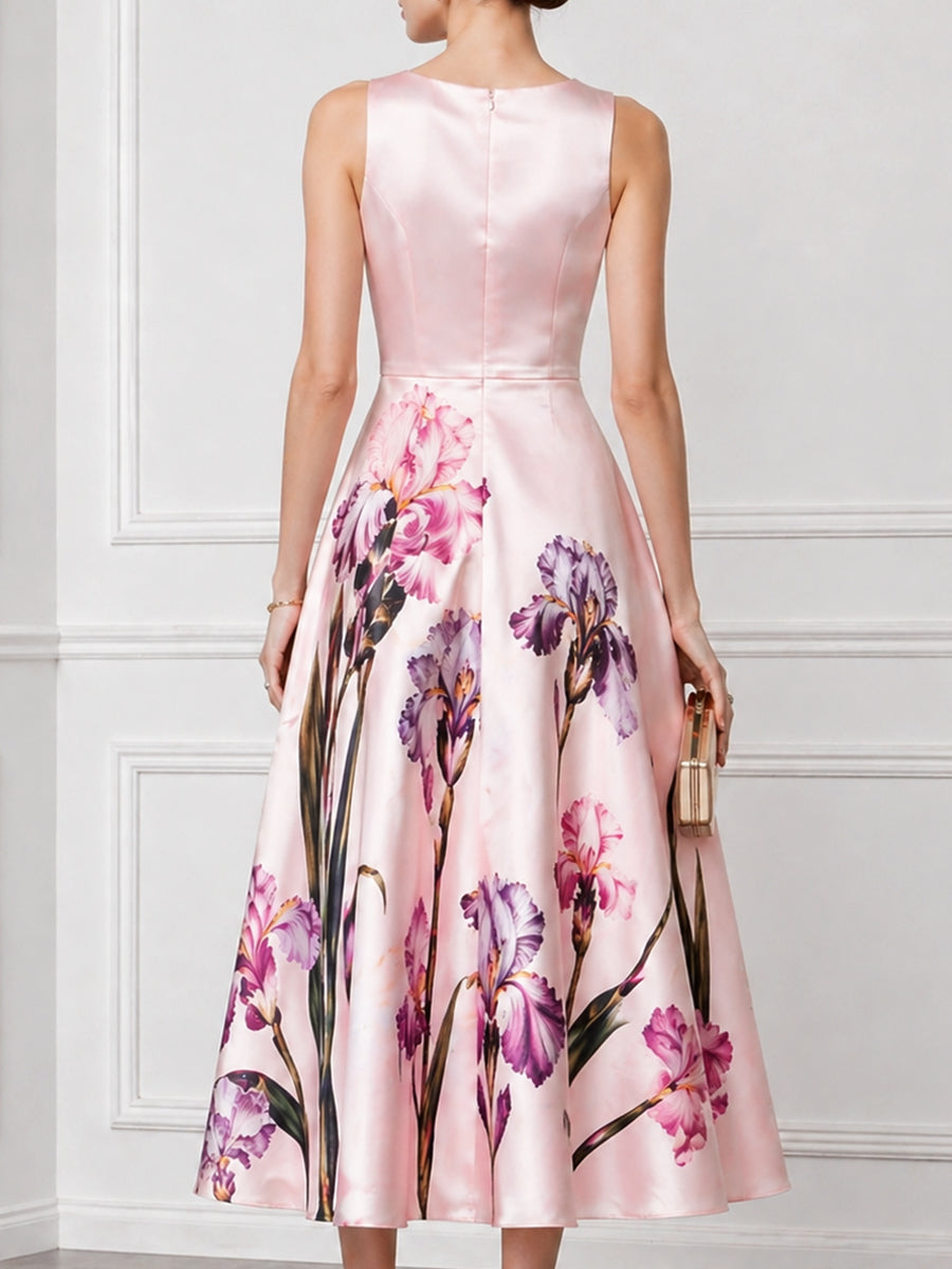 Sleeveless Round Neck Floral A-Line Midi Dress