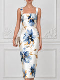 Square Neck Sleeveless Floral Sheath Midi Dress
