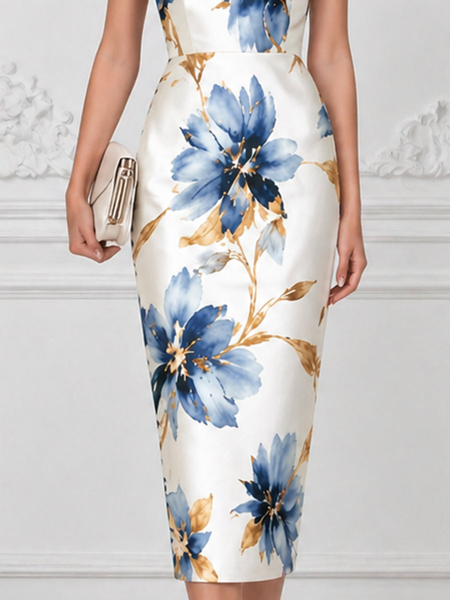 Square Neck Sleeveless Floral Sheath Midi Dress