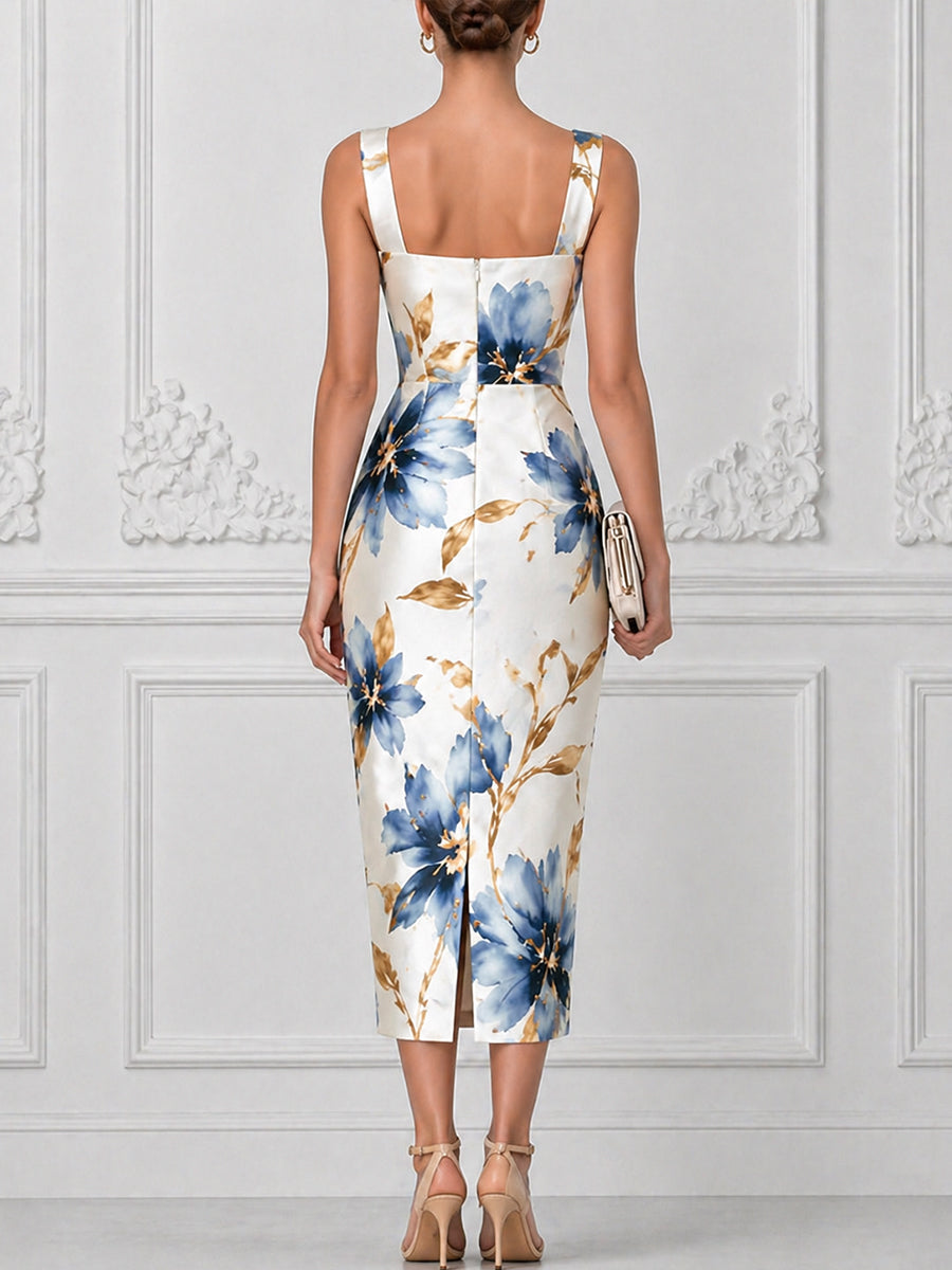 Square Neck Sleeveless Floral Sheath Midi Dress