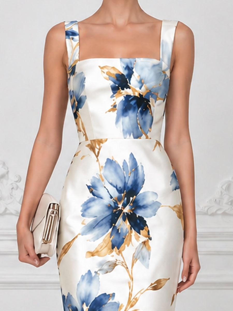 Square Neck Sleeveless Floral Sheath Midi Dress