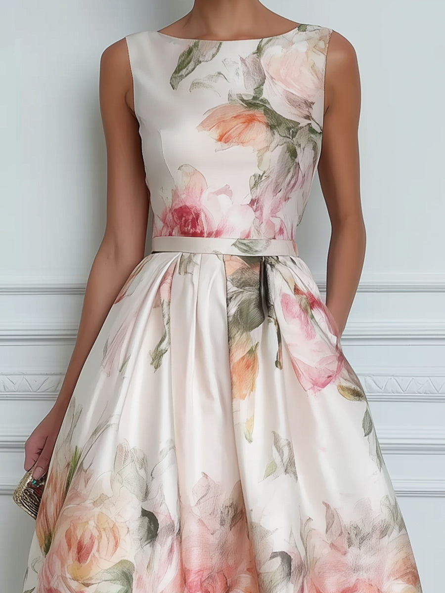 Sleeveless Round Neck Floral A-Line Midi Dress