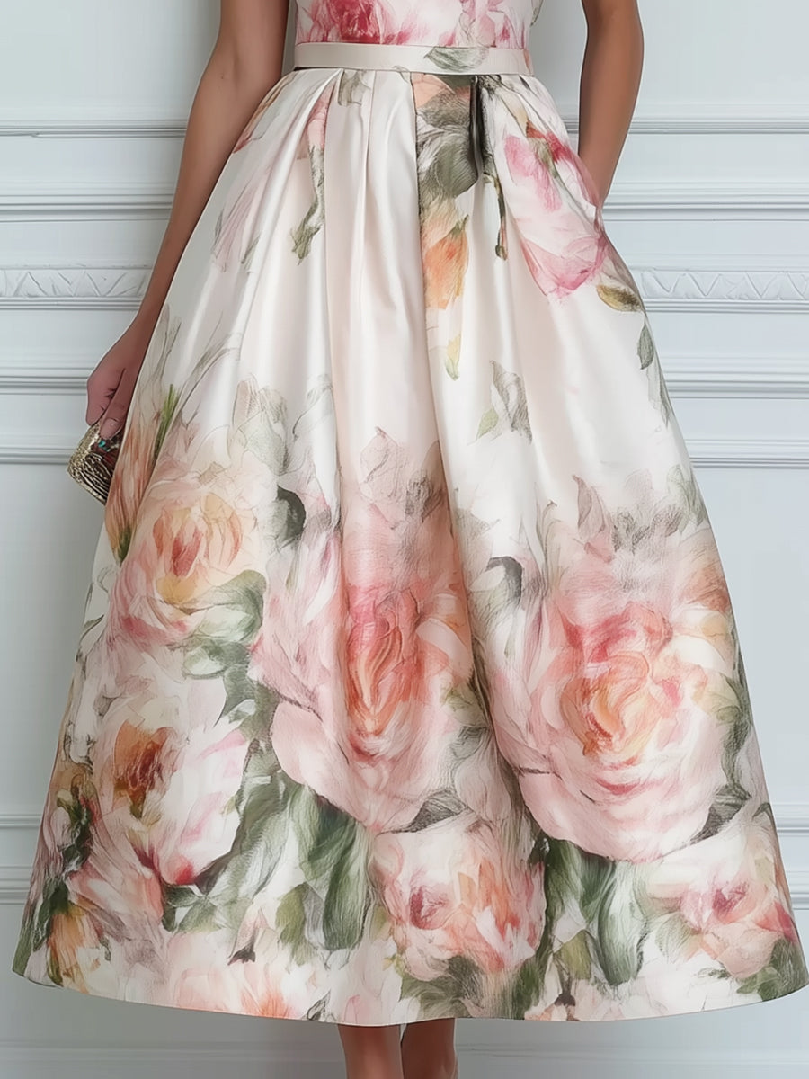 Sleeveless Round Neck Floral A-Line Midi Dress