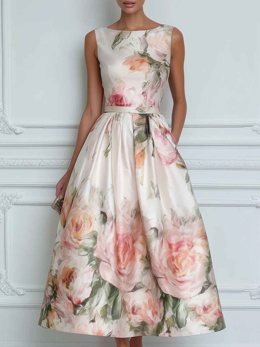 Sleeveless Round Neck Floral A-Line Midi Dress