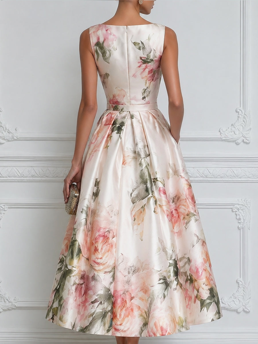 Sleeveless Round Neck Floral A-Line Midi Dress