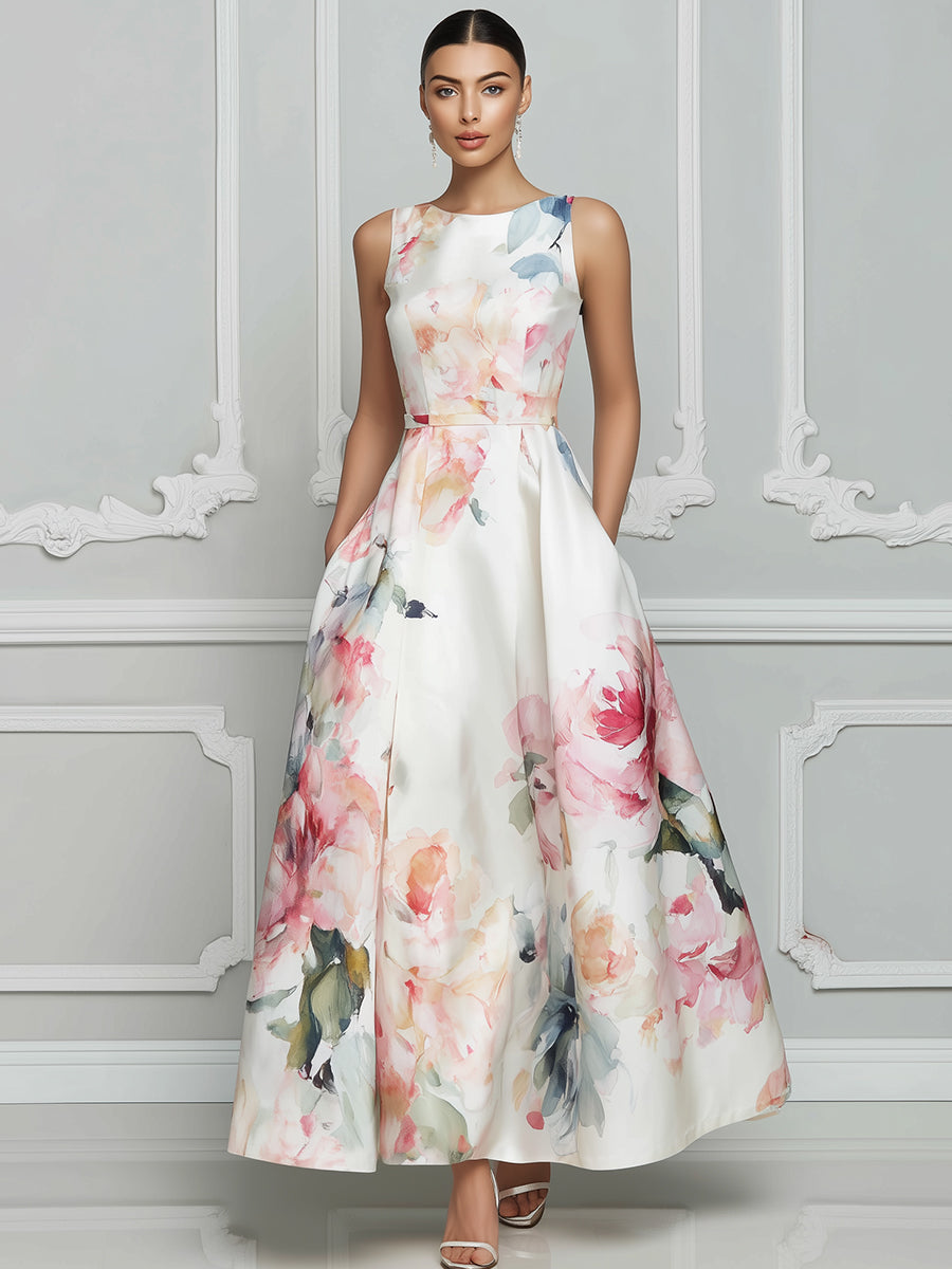 Sleeveless Round Neck Floral A-Line Midi Dress