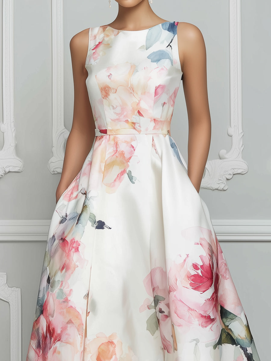 Sleeveless Round Neck Floral A-Line Midi Dress