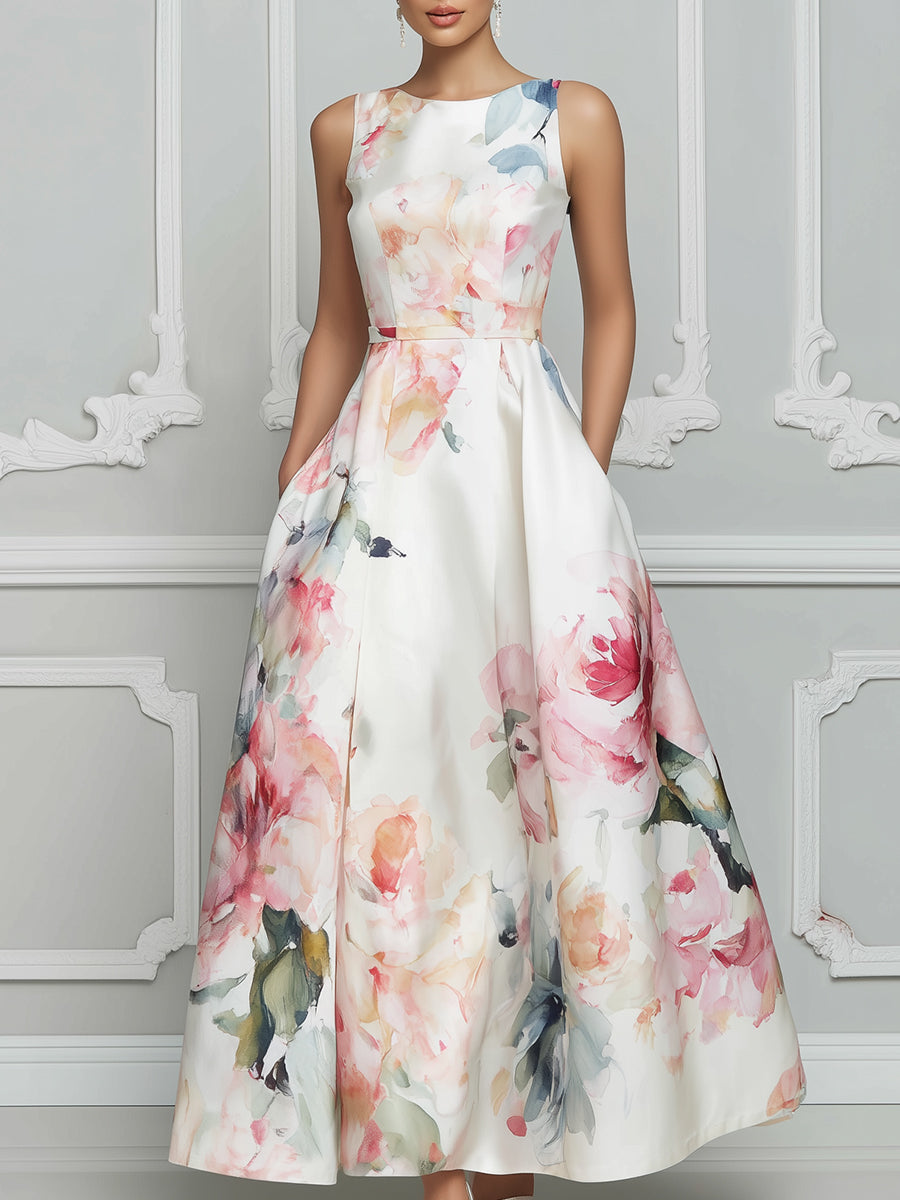 Sleeveless Round Neck Floral A-Line Midi Dress