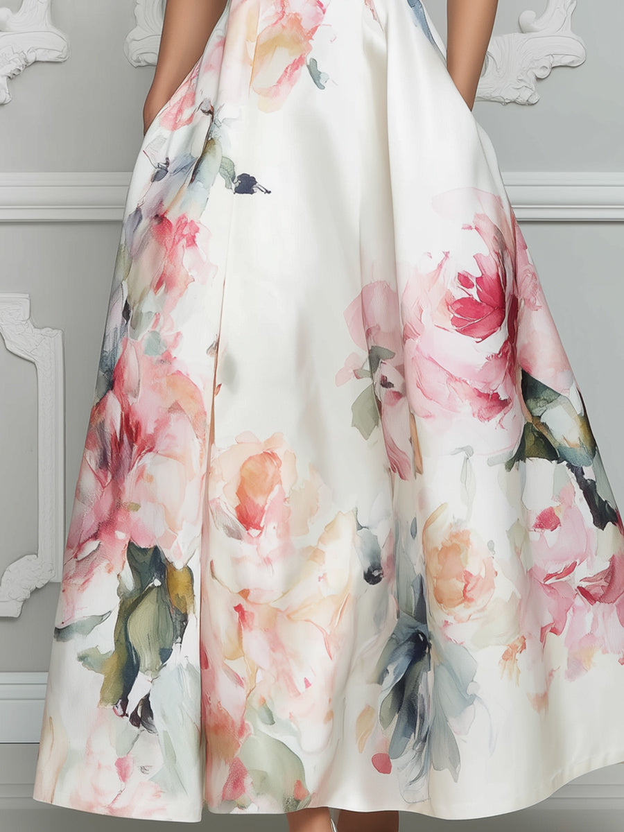 Sleeveless Round Neck Floral A-Line Midi Dress
