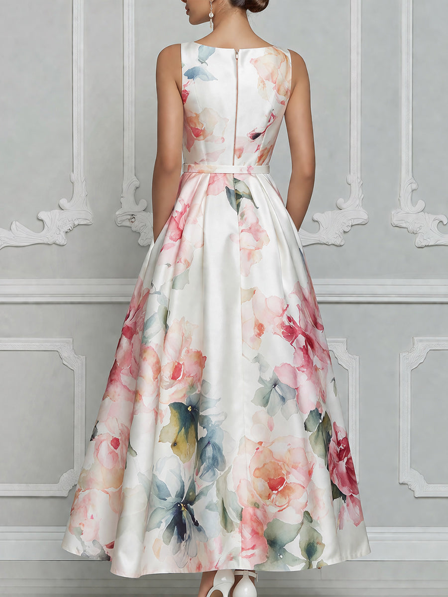 Sleeveless Round Neck Floral A-Line Midi Dress