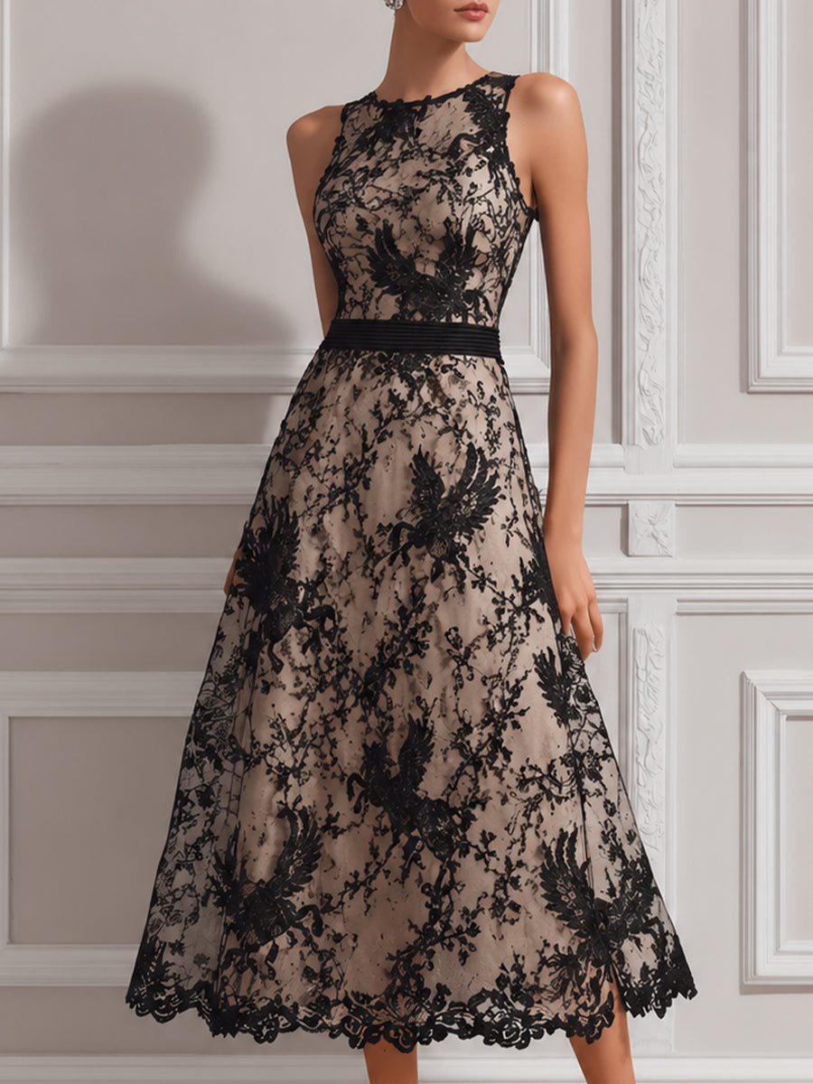 Sleeveless Illusion Neck Lace A-Line Midi Dress