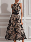 Sleeveless Illusion Neck Lace A-Line Midi Dress