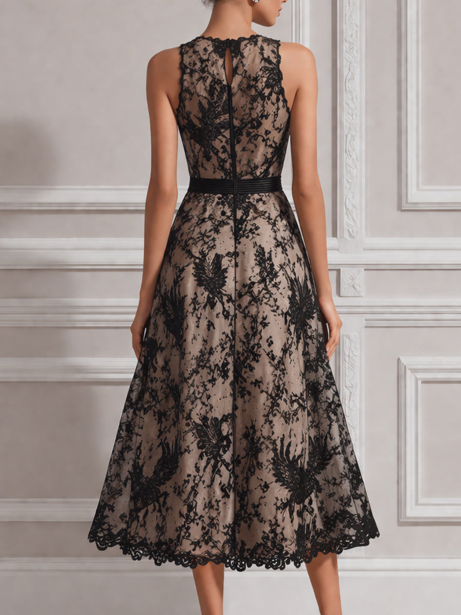 Sleeveless Illusion Neck Lace A-Line Midi Dress