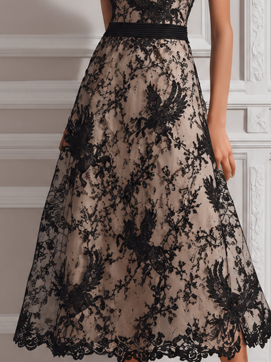 Sleeveless Illusion Neck Lace A-Line Midi Dress