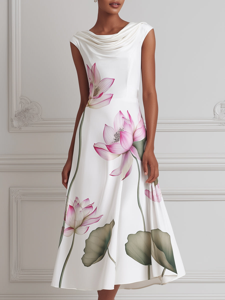 White Lotus Print Cowl Neck Satin A-Line Midi Dress