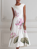 White Lotus Print Cowl Neck Satin A-Line Midi Dress