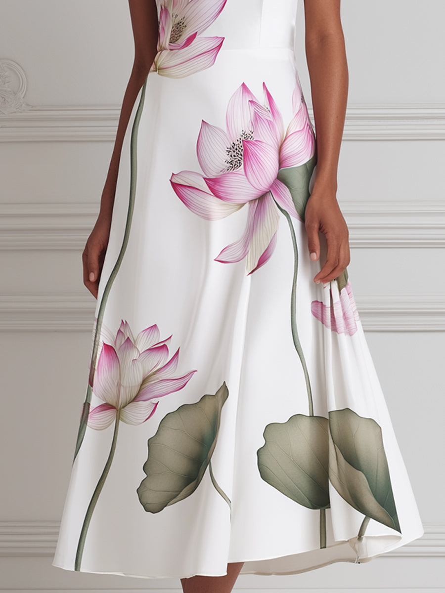 White Lotus Print Cowl Neck Satin A-Line Midi Dress