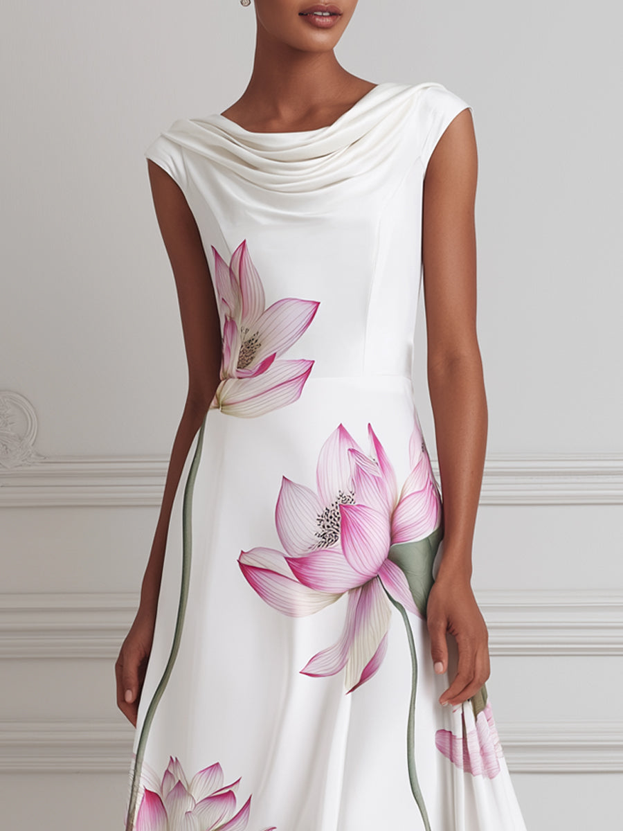 White Lotus Print Cowl Neck Satin A-Line Midi Dress