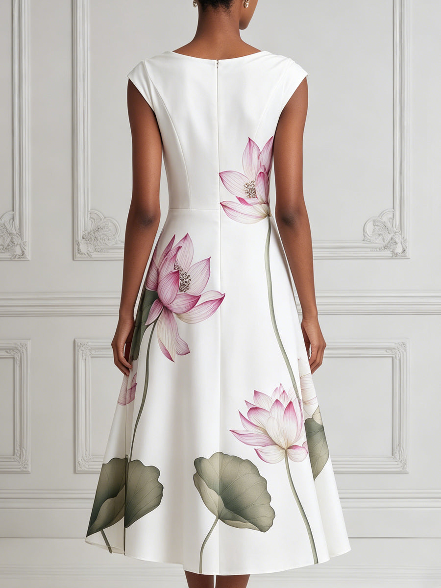 White Lotus Print Cowl Neck Satin A-Line Midi Dress