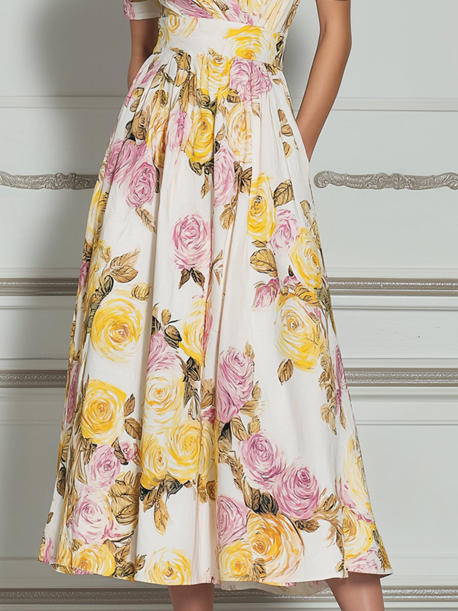 Yellow & Pink Rose Print Puff Sleeve A-Line Midi Dress