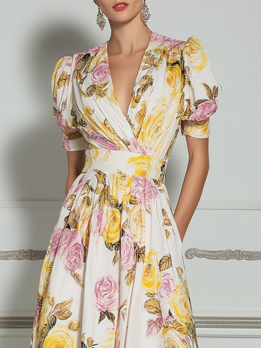 Yellow & Pink Rose Print Puff Sleeve A-Line Midi Dress