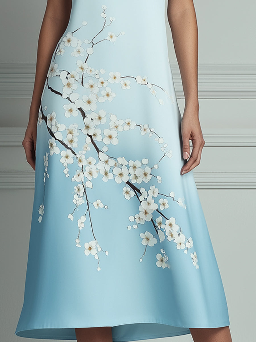 Light Blue Cherry Blossom Print Halter Neck Midi Dress