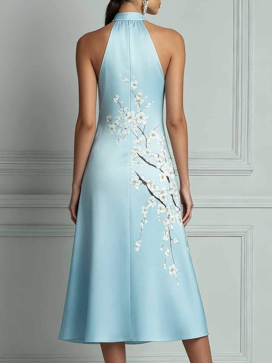 Light Blue Cherry Blossom Print Halter Neck Midi Dress